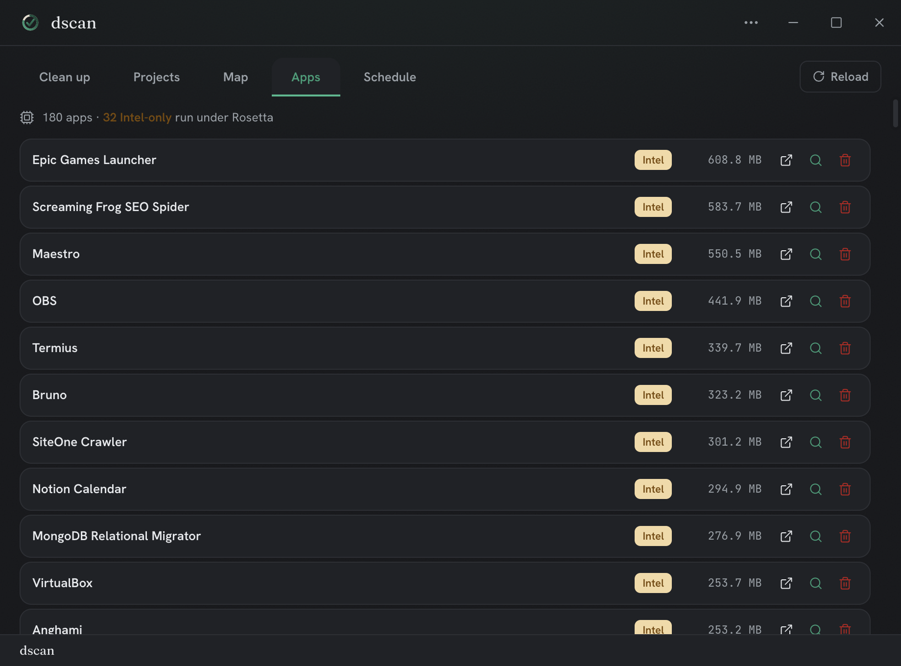 dscan Apps screen listing installed apps, sizes, and Rosetta status