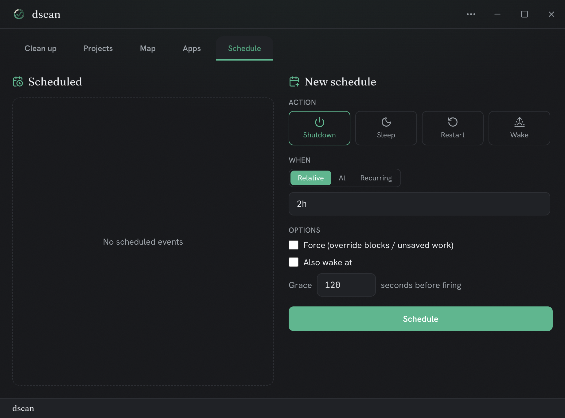 dscan Schedule screen for recurring scans